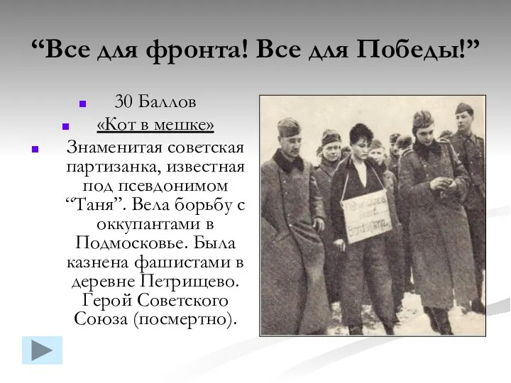 “Все для фронта! Все для Победы!” 30 Баллов «Кот в мешке»