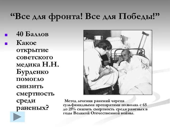 “Все для фронта! Все для Победы!” 40 Баллов Какое открытие советского