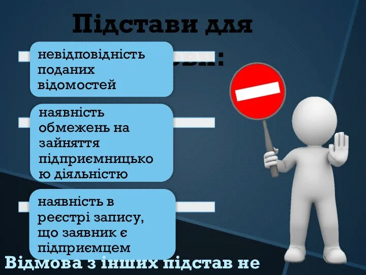 Підстави для відмови: Відмова з інших підстав не допускається