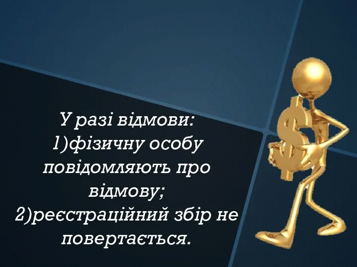 У разі відмови: 1)фізичну особу повідомляють про відмову; 2)реєстраційний збір не повертається.