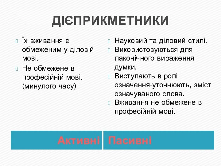 ДІЄПРИКМЕТНИКИ Активні Пасивні Їх вживання є обмеженим у діловій мові. Не