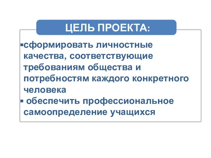 ЦЕЛЬ ПРОЕКТА: сформировать личностные качества, соответствующие требованиям общества и потребностям каждого