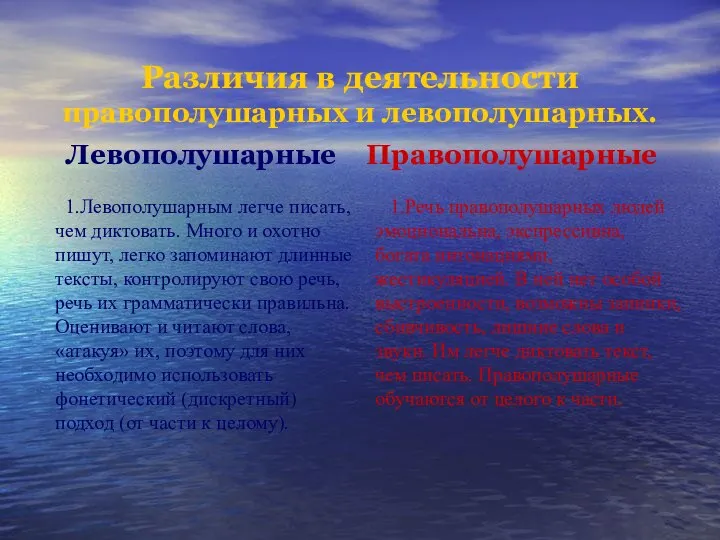 Различия в деятельности правополушарных и левополушарных.