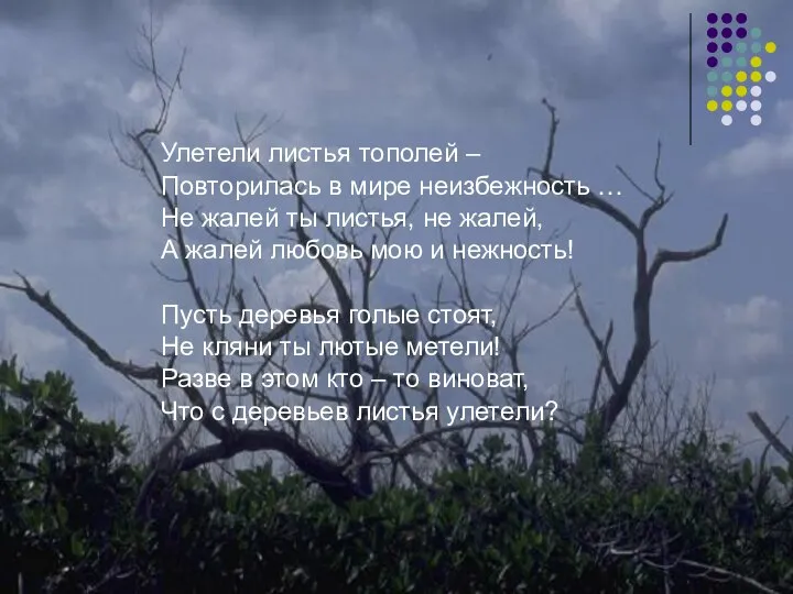 Улетели листья тополей – Повторилась в мире неизбежность … Не жалей