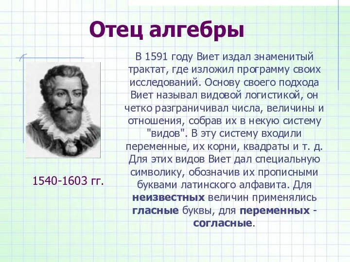 Отец алгебры 1540-1603 гг. В 1591 году Виет издал знаменитый трактат,