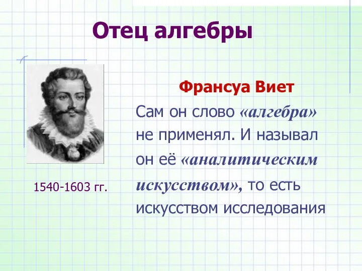 Отец алгебры Франсуа Виет Сам он слово «алгебра» не применял. И