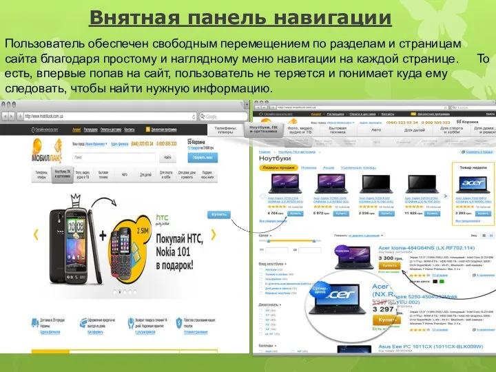 Внятная панель навигации Пользователь обеспечен свободным перемещением по разделам и страницам