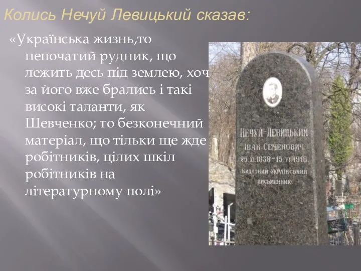 Колись Нечуй Левицький сказав: «Українська жизнь,то непочатий рудник, що лежить десь