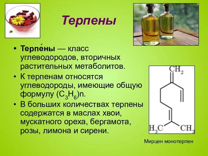 Терпены Терпе́ны — класс углеводородов, вторичных растительных метаболитов. К терпенам относятся