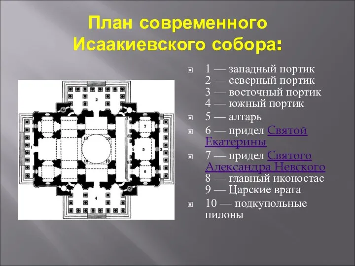 План современного Исаакиевского собора: 1 — западный портик 2 — северный