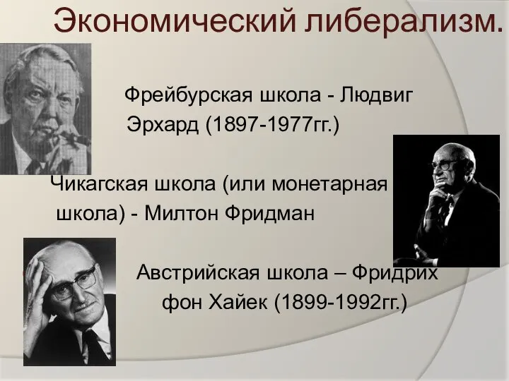 Экономический либерализм. Фрейбурская школа - Людвиг Эрхард (1897-1977гг.) Чикагская школа (или