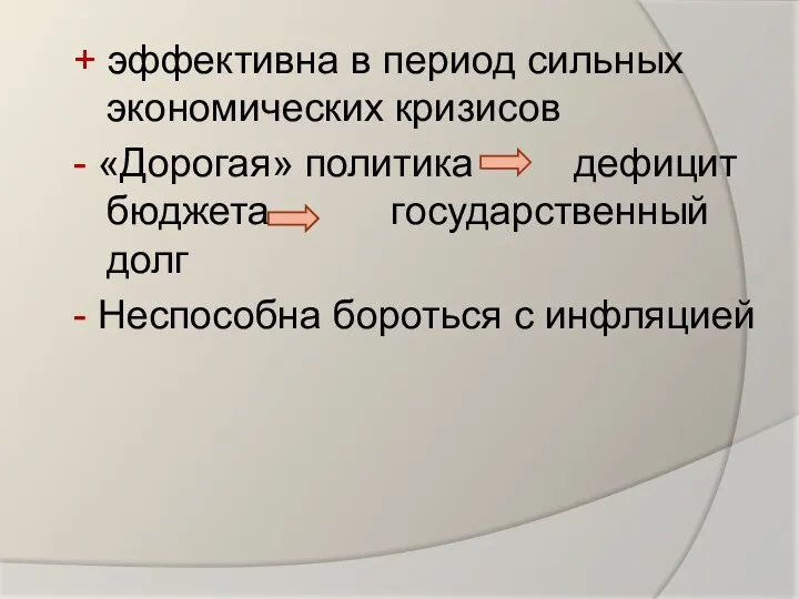 + эффективна в период сильных экономических кризисов - «Дорогая» политика дефицит