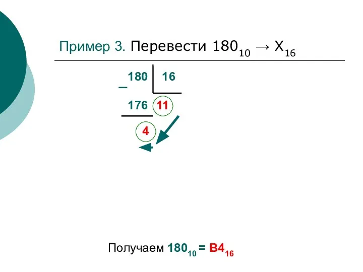 180 16 176 4 11 Получаем 18010 = B416 Пример 3. Перевести 18010 → Х16
