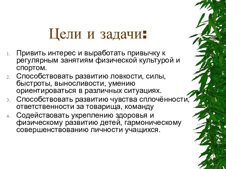 Цели и задачи: Привить интерес и выработать привычку к регулярным занятиям