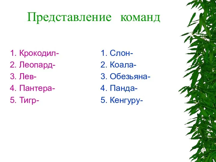 Представление команд 1. Крокодил- 2. Леопард- 3. Лев- 4. Пантера- 5.