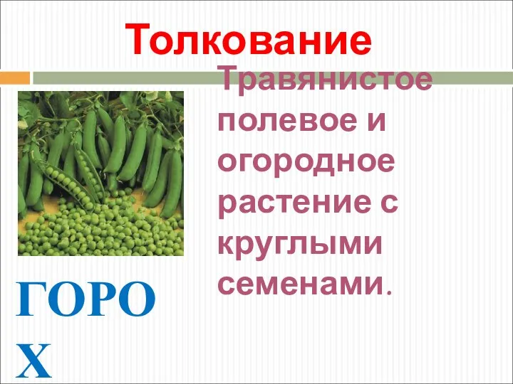 Толкование ГОРОХ Травянистое полевое и огородное растение с круглыми семенами.