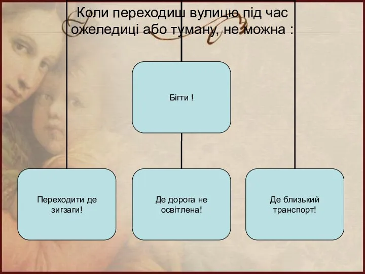 Коли переходиш вулицю під час ожеледиці або туману, не можна :