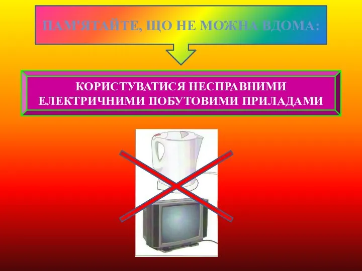 КОРИСТУВАТИСЯ НЕСПРАВНИМИ ЕЛЕКТРИЧНИМИ ПОБУТОВИМИ ПРИЛАДАМИ ПАМ'ЯТАЙТЕ, ЩО НЕ МОЖНА ВДОМА: