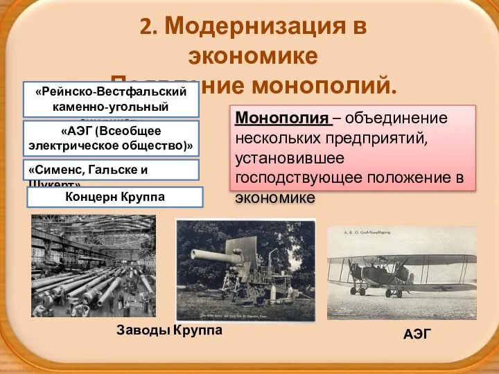 2. Модернизация в экономике Появление монополий. «Рейнско-Вестфальский каменно-угольный синдикат» «АЭГ (Всеобщее