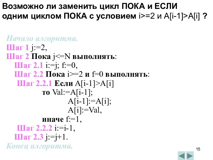 Начало алгоритма. Шаг 1 j:=2, Шаг 2 Пока j Шаг 2.1