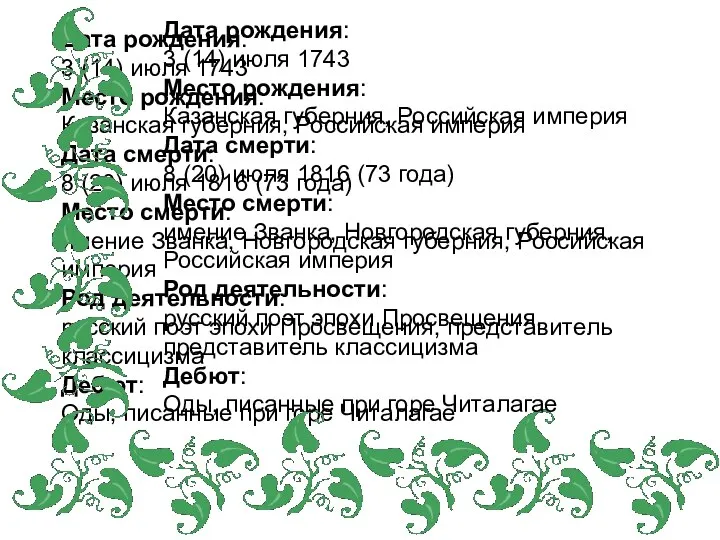 Дата рождения: 3 (14) июля 1743 Место рождения: Казанская губерния, Российская