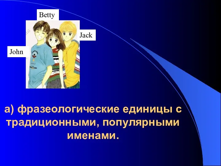 а) фразеологические единицы с традиционными, популярными именами. John Betty Jack