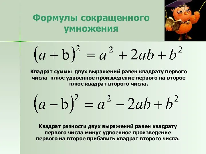 Формулы сокращенного умножения Квадрат суммы двух выражений равен квадрату первого числа