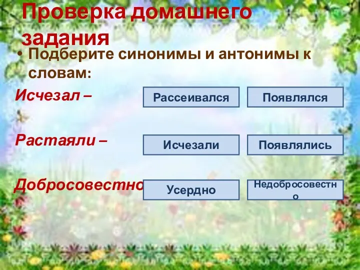 Проверка домашнего задания Подберите синонимы и антонимы к словам: Исчезал –