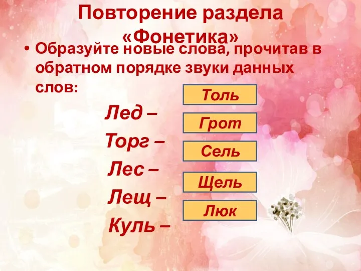 Повторение раздела «Фонетика» Образуйте новые слова, прочитав в обратном порядке звуки