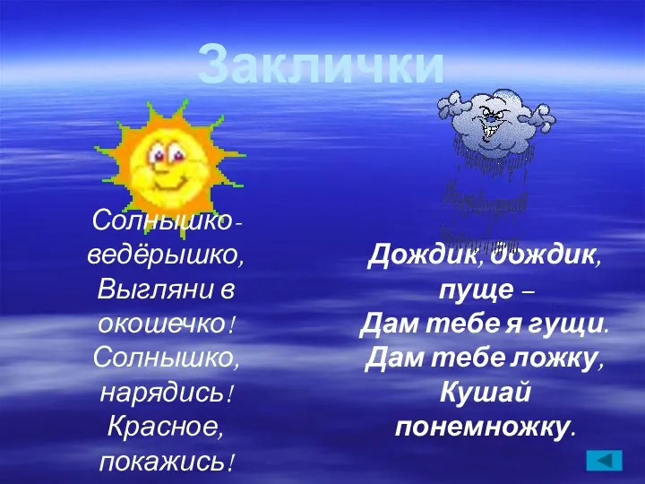 Заклички Солнышко-ведёрышко, Выгляни в окошечко! Солнышко, нарядись! Красное, покажись! Дождик, дождик,