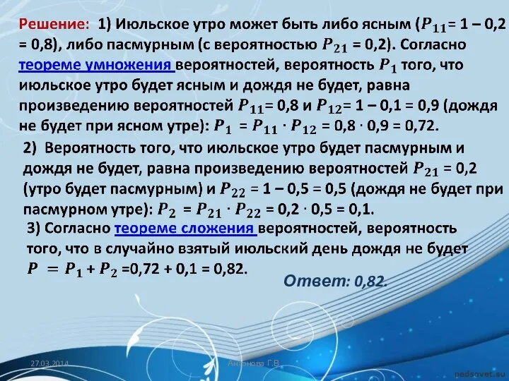Ответ: 0,82. Антонова Г.В.