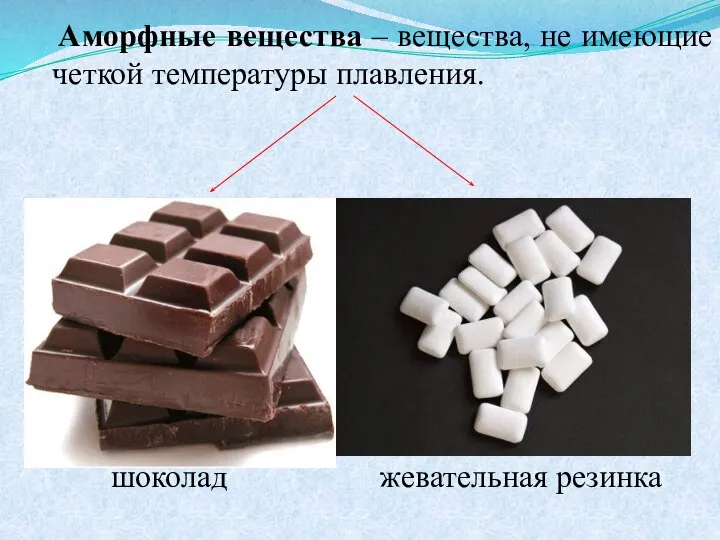 Аморфные вещества – вещества, не имеющие четкой температуры плавления. шоколад жевательная резинка