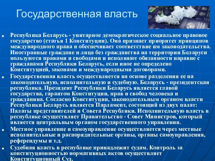 Государственная власть Республика Беларусь - унитарное демократическое социальное правовое государство (статья