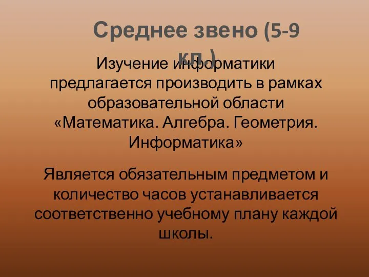 Изучение информатики предлагается производить в рамках образовательной области «Математика. Алгебра. Геометрия.