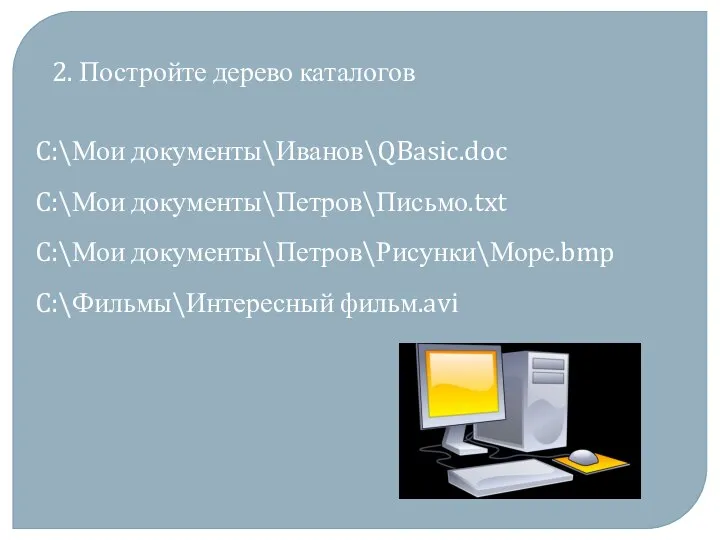 2. Постройте дерево каталогов C:\Мои документы\Иванов\QBasic.doc C:\Мои документы\Петров\Письмо.txt C:\Мои документы\Петров\Рисунки\Море.bmp C:\Фильмы\Интересный фильм.avi