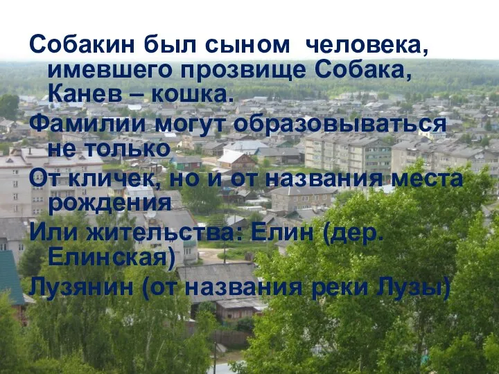 Собакин был сыном человека, имевшего прозвище Собака, Канев – кошка. Фамилии