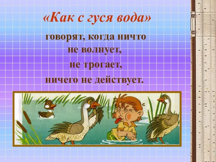 «Как с гуся вода» говорят, когда ничто не волнует, не трогает, ничего не действует.