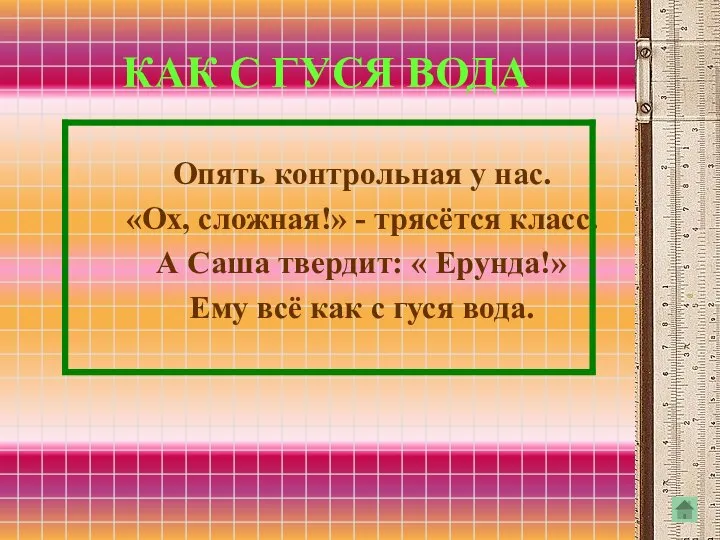 КАК С ГУСЯ ВОДА Опять контрольная у нас. «Ох, сложная!» -