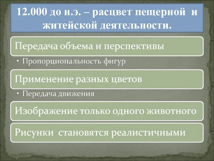 12.000 до н.э. – расцвет пещерной и житейской деятельности.