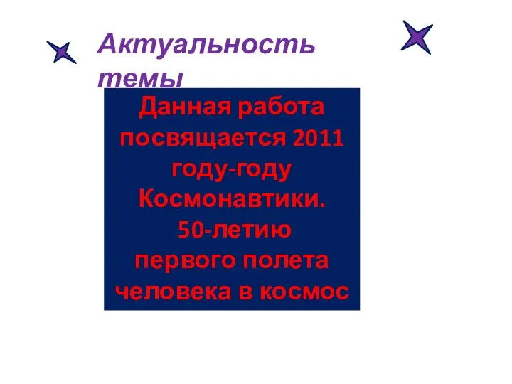 Актуальность темы Данная работа посвящается 2011 году-году Космонавтики. 50-летию первого полета человека в космос