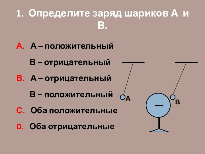 1. Определите заряд шариков А и В. А. А – положительный