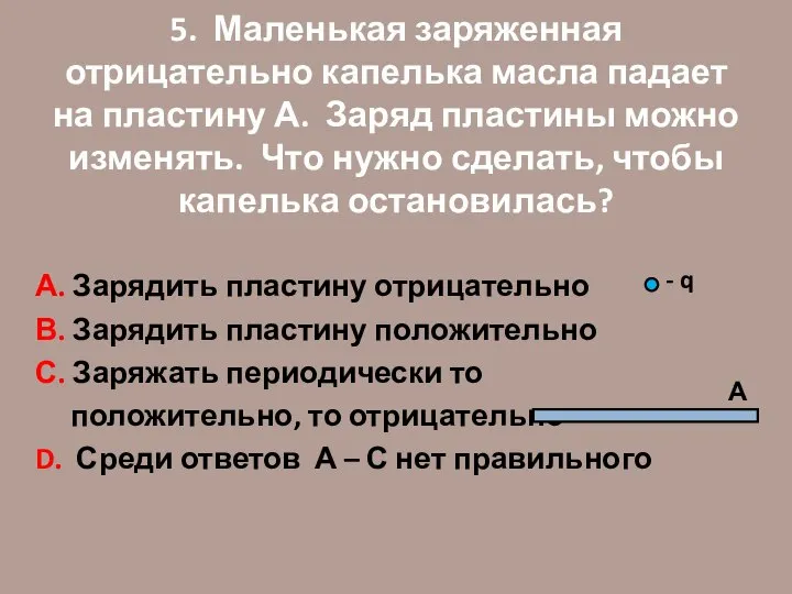 5. Маленькая заряженная отрицательно капелька масла падает на пластину А. Заряд