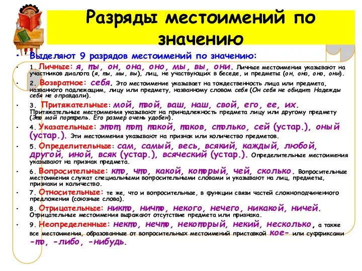 Разряды местоимений по значению Выделяют 9 разрядов местоимений по значению: 1.