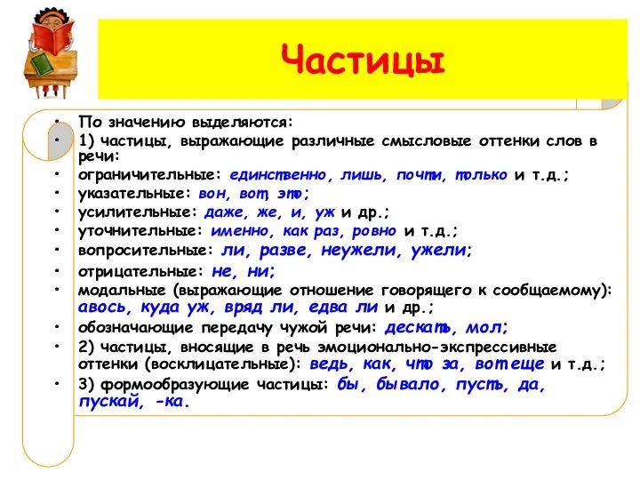 Частицы По значению выделяются: 1) частицы, выражающие различные смысловые оттенки слов