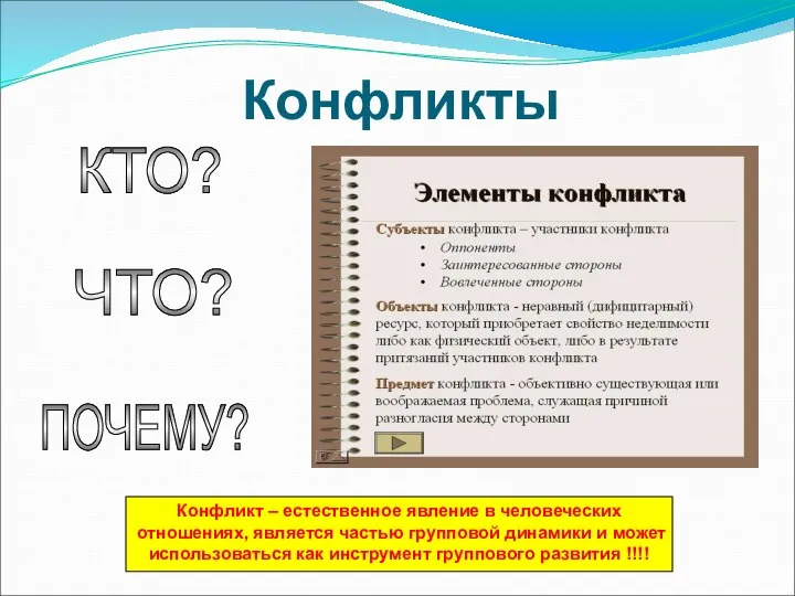 Конфликты Конфликт – естественное явление в человеческих отношениях, является частью групповой