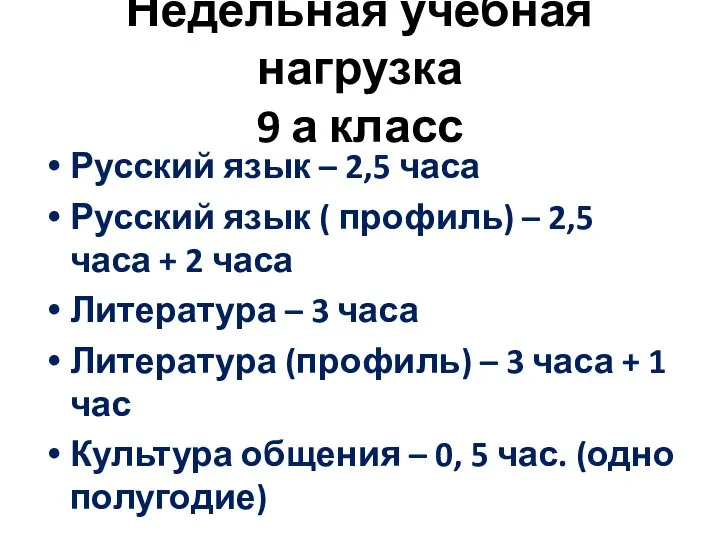 Недельная учебная нагрузка 9 а класс Русский язык – 2,5 часа
