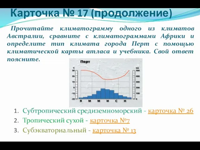 Карточка № 17 (продолжение) Прочитайте климатограмму одного из климатов Австралии, сравните