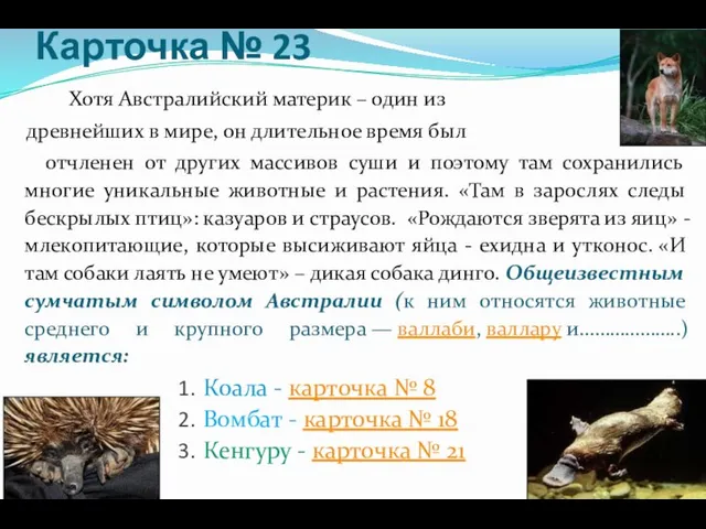 Карточка № 23 Хотя Австралийский материк – один из древнейших в