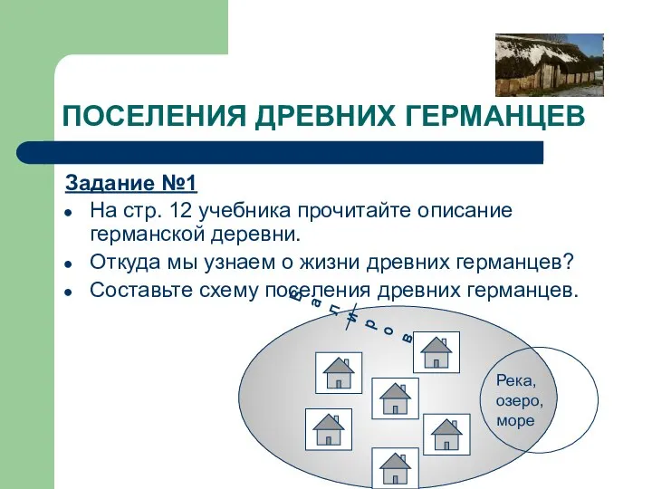 ПОСЕЛЕНИЯ ДРЕВНИХ ГЕРМАНЦЕВ Задание №1 На стр. 12 учебника прочитайте описание