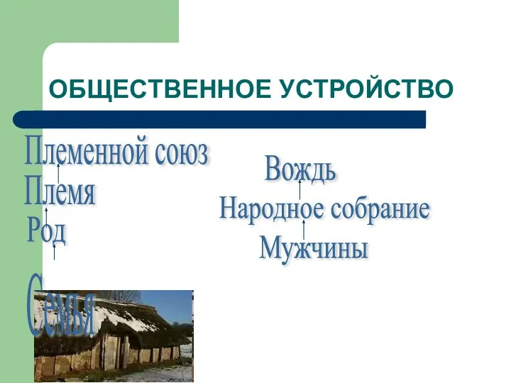 ОБЩЕСТВЕННОЕ УСТРОЙСТВО Семья Род Племя Племенной союз Мужчины Народное собрание Вождь